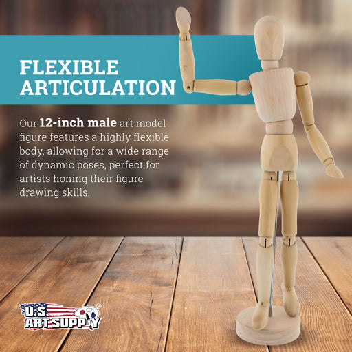U.S. Art Supply 12" Wooden Male Manikin Posable Figure for Drawing - Articulated Mannequin with Base and Flexible Body for Drawing The Human Figure