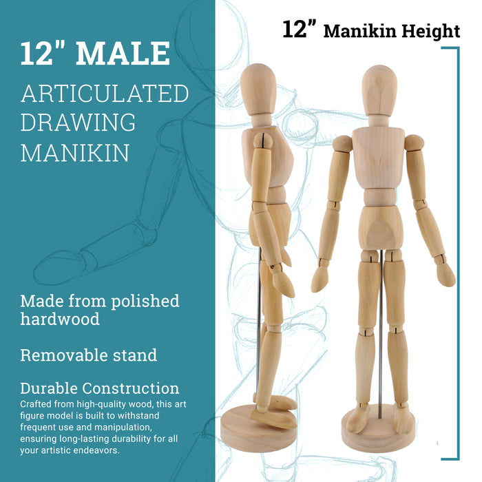 U.S. Art Supply 12" Wooden Male Manikin Posable Figure for Drawing - Articulated Mannequin with Base and Flexible Body for Drawing The Human Figure