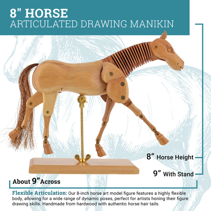 U.S. Art Supply 8" Wooden Horse Manikin Posable Figure for Drawing - Articulated Mannequin with Base and Flexible Body for Drawing The Equine Figure