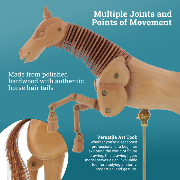 U.S. Art Supply 8" Wooden Horse Manikin Posable Figure for Drawing - Articulated Mannequin with Base and Flexible Body for Drawing The Equine Figure