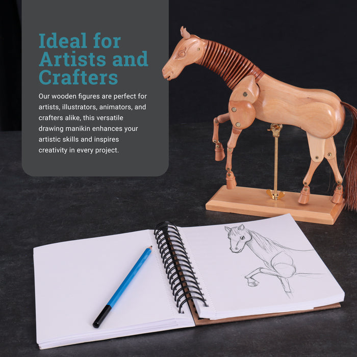 U.S. Art Supply 8" Wooden Horse Manikin Posable Figure for Drawing - Articulated Mannequin with Base and Flexible Body for Drawing The Equine Figure