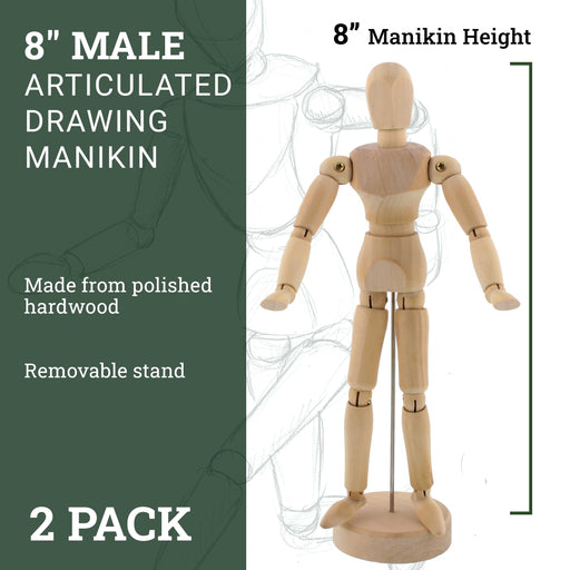 Wood 8" Artist Drawing Manikin Articulated Mannequin with Base and Flexible Body - Perfect For Drawing the Human Figure (8" Male) Pack of 2 Manikins