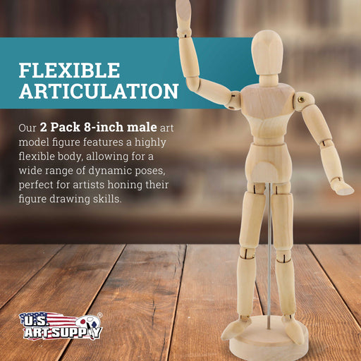 U.S. Art Supply 8" Wooden Male Manikin Posable Figure for Drawing (2 Pack) - Articulated Mannequin with Base and Flexible Body for Drawing The Human Figure