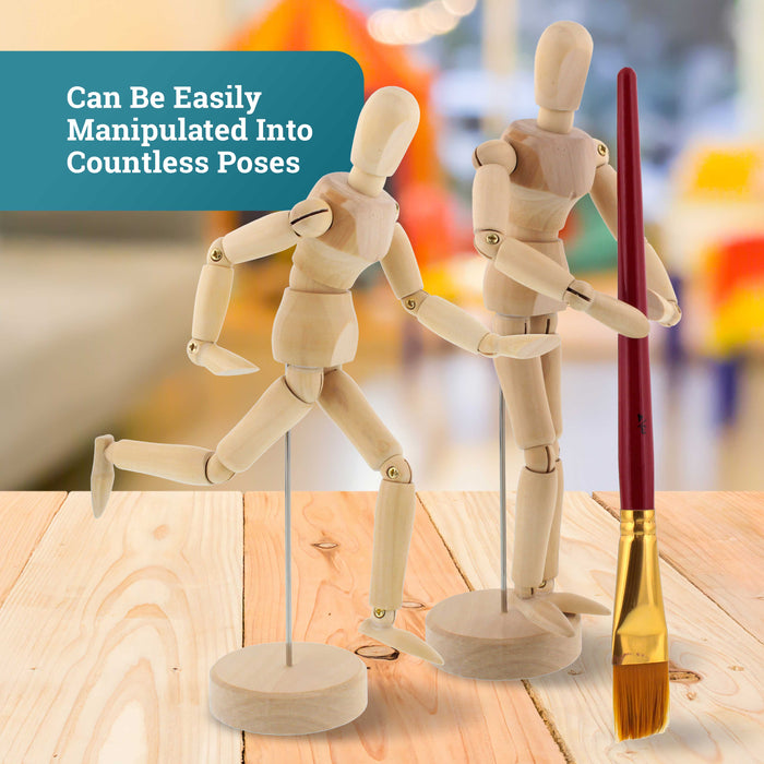 U.S. Art Supply 8" Wooden Male Manikin Posable Figure for Drawing (2 Pack) - Articulated Mannequin with Base and Flexible Body for Drawing The Human Figure