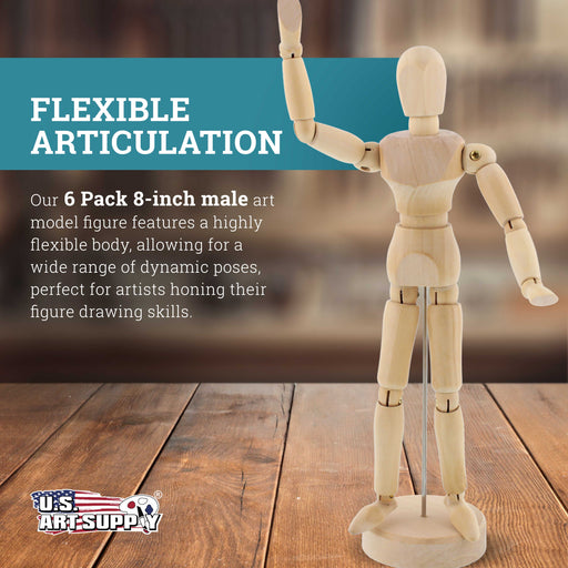 U.S. Art Supply 8" Wooden Male Manikin Posable Figure for Drawing (6 Pack) - Articulated Mannequin with Base and Flexible Body for Drawing The Human Figure