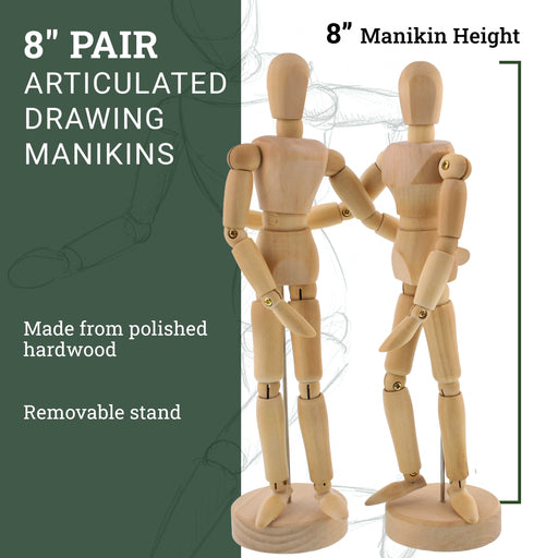 Wood 8" Artist Drawing Manikin Articulated Mannequin with Base and Flexible Body - Perfect For Drawing the Human Figure (8" Pair - Male & Female)