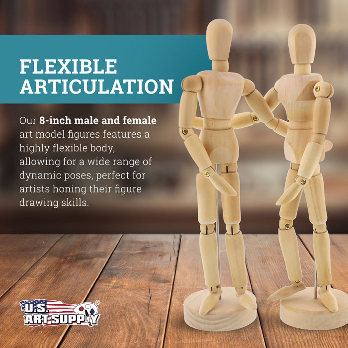 U.S. Art Supply 8" Wooden Male & Female Manikin Posable Figures for Drawing - Articulated Mannequin with Base and Flexible Body for Drawing The Human Figure