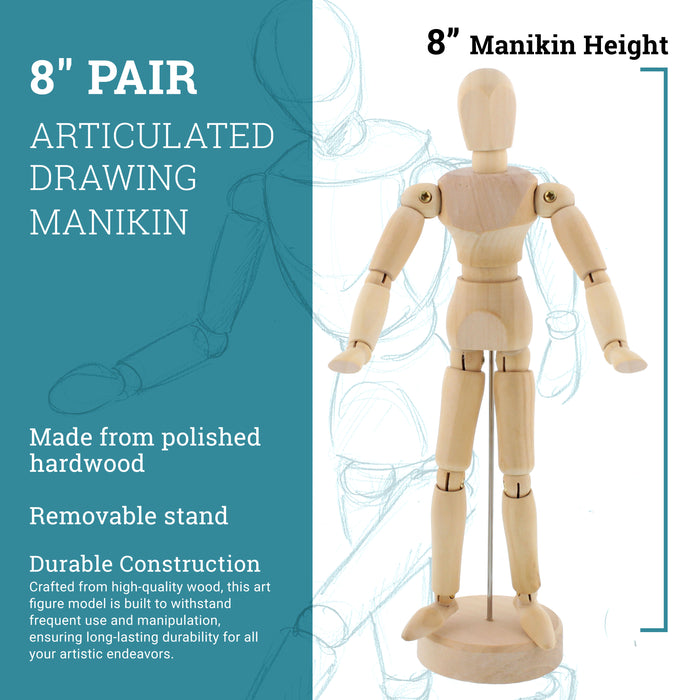 U.S. Art Supply 8" Wooden Male & Female Manikin Posable Figures for Drawing - Articulated Mannequin with Base and Flexible Body for Drawing The Human Figure