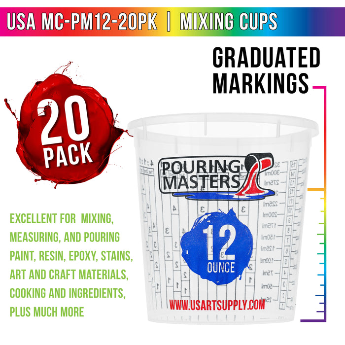 Pouring Masters 12 Ounce (350ml) Graduated Plastic Mixing Cups (Box of 20) - Use for Paint, Resin, Epoxy, Art, Kitchen - Measurements OZ., ML., Ratios