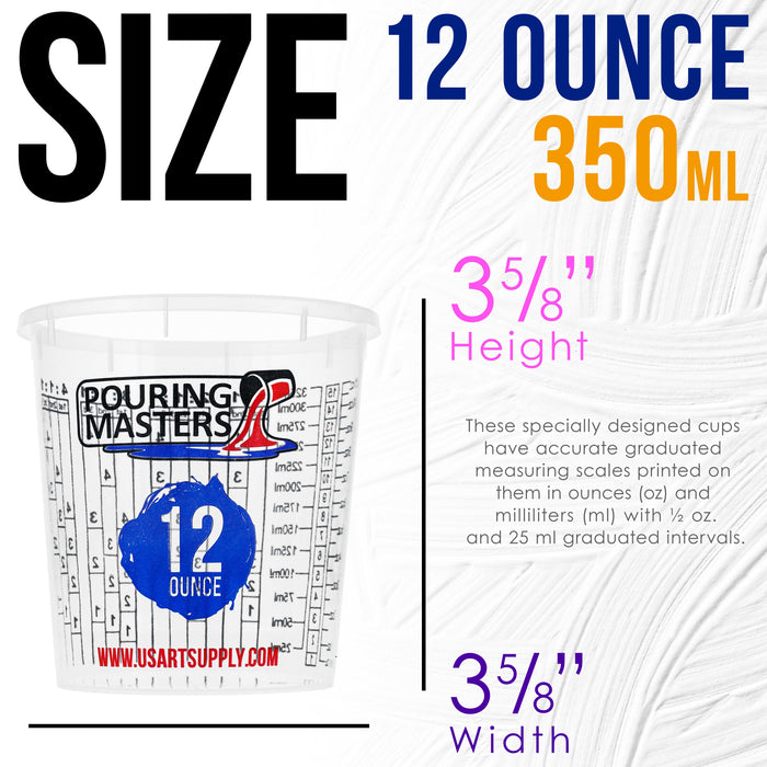 Pouring Masters 12 Ounce (350ml) Graduated Plastic Mixing Cups (Box of 20) - Use for Paint, Resin, Epoxy, Art, Kitchen - Measurements OZ., ML., Ratios