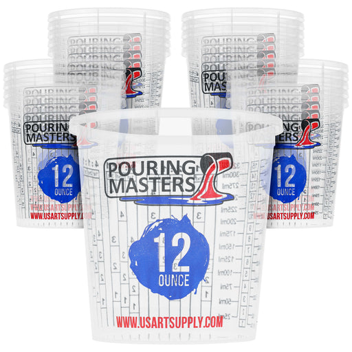 Pouring Masters 12 Ounce (350ml) Graduated Plastic Mixing Cups (Box of 20) - Use for Paint, Resin, Epoxy, Art, Kitchen - Measurements OZ., ML., Ratios