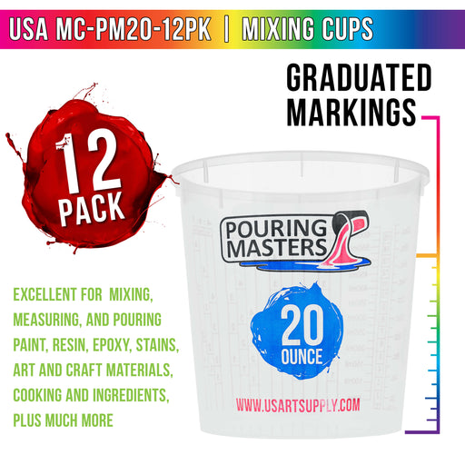 Pouring Masters 20 Ounce (600ml) Graduated Plastic Mixing Cups (Box of 12) - Use for Paint, Resin, Epoxy, Art, Kitchen - Measurements OZ., ML., Ratios