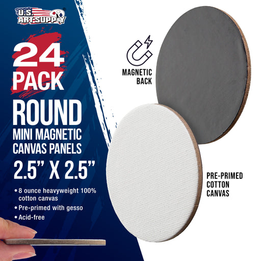 Mini Magnetic Canvas Panels, 24 Pack, 2.5 Inch Round, Primed 8 Ounce Heavyweight Cotton, Small Canvases for Painting Acrylic and Watercolor, White Square Flat Canvas Boards