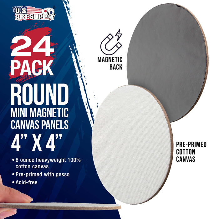 Mini Magnetic Canvas Panels, 24 Pack, 4 Inch Round, Primed 8 Ounce Heavyweight Cotton, Small Canvases for Painting Acrylic and Watercolor, White Square Flat Canvas Boards