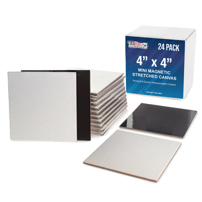 Mini Magnetic Canvas Panels, 24 Pack, 4x4 Inch, Primed 8 Ounce Heavyweight Cotton, Small Canvases for Painting Acrylic and Watercolor, White Square Flat Canvas Boards