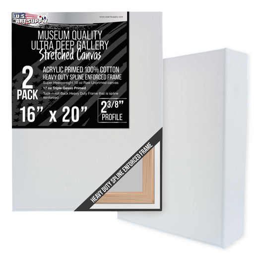 Stretched Canvas for Painting 16" x 20" Museum 2-3/8" Extra Deep Profile, 17oz Acrylic Gesso Triple Primed, Gallery-Style (2 Pack), 100% Cotton, Art Canvases for Painting, Epoxy Resin
