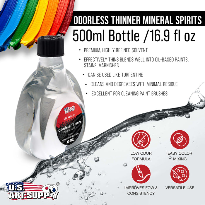 U.S. Art Supply Odorless Mineral Spirits for Cleaning - 16.9oz (500ml) Highly Refined Paint Solvent, Thinner for Oil Mediums