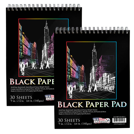 9 in. x 12 in. Premium Black Heavyweight Paper Spiral Bound Sketch Pad, 140gsm, 64 Pound, 30 Sheets (Pack of 2 Pads)