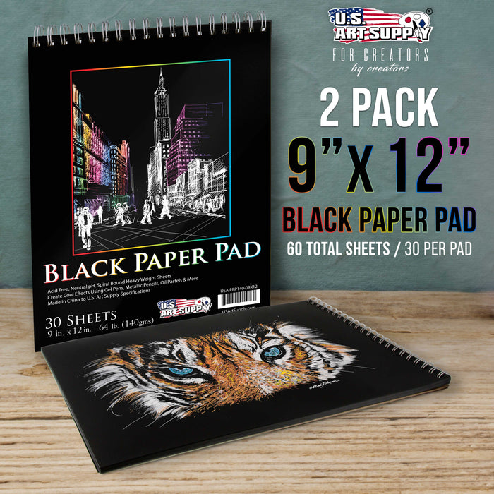 9x12" Premium Heavy-Weight Black Paper Sketchbook, 64lb (140gsm), 2 Pack, 30 Sheets, Spiral Bound, Black Paper Notebook for Colored Pencil, Markers, Oil Pastels, Chalk, Charcoal