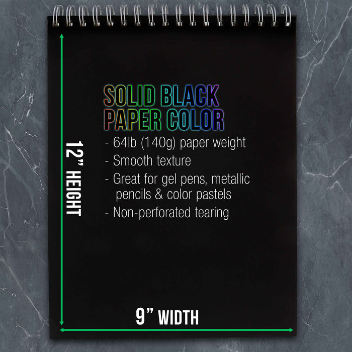 9 in. x 12 in. Premium Black Heavyweight Paper Spiral Bound Sketch Pad, 140gsm, 64 Pound, 30 Sheets (Pack of 2 Pads)