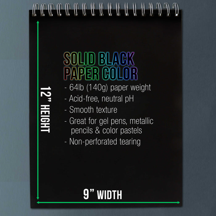 9x12" Premium Heavy-Weight Black Paper Sketchbook, 64lb (140gsm), 2 Pack, 30 Sheets, Spiral Bound, Black Paper Notebook for Colored Pencil, Markers, Oil Pastels, Chalk, Charcoal