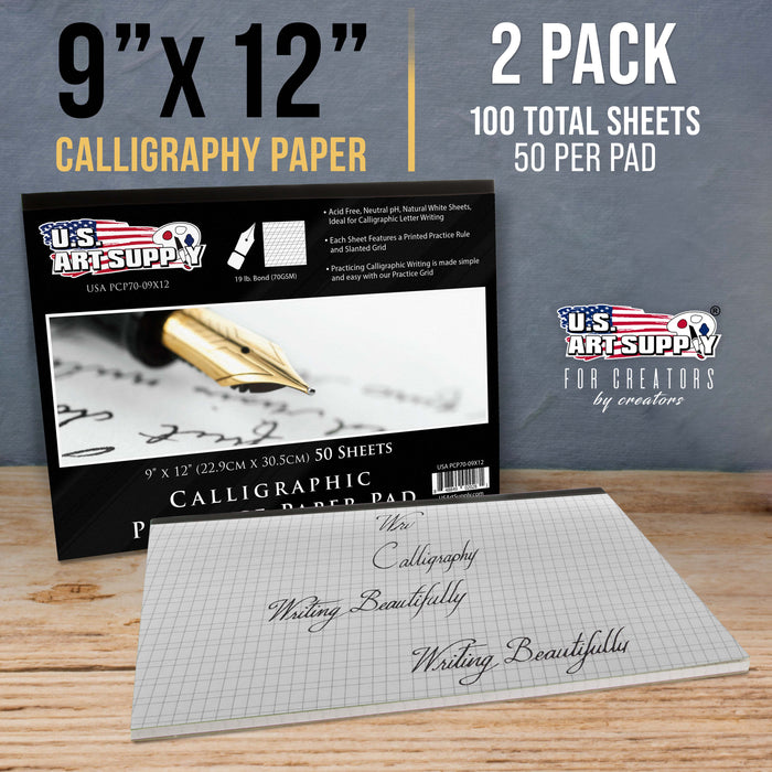 Calligraphy Practice Paper Pad (2 Pack) - 9" x 12", 19lb Bond (70gsm), Pad of 50 Sheets (100 Total) with Printed Slanted Grid - Calligraphy Practice Book for Beginners