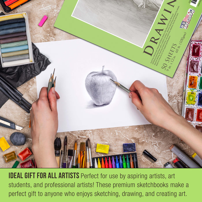 9" x 12" Premium Drawing Pad, Pack of 2 (50 Sheets Each), 60 lb (100 gsm) - Artist Sketch Book, Mixed Media Paper, Sketchbook for Drawing, Colored Pencils, Charcoal - Adults, Students