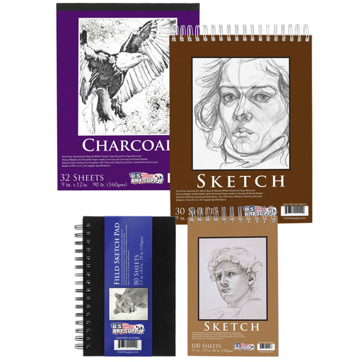 U.S. Art Supply Set of 4 Different Styles of Sketching and Drawing Paper Pads - 2 Each 5.5" x 8.5" & 9" x 12" Spiral Bound Sketch, Draw, Charcoal Pads