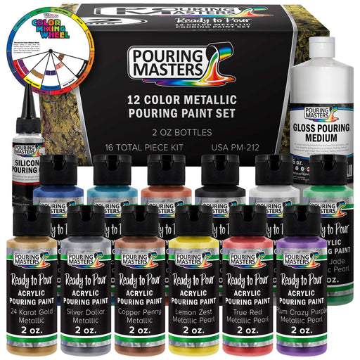 12 Color Metallic Ready to Pour Acrylic Pouring Paint Set - Premium Pre-Mixed High Flow 2-Ounce Bottles - Painting Canvas, Wood, Crafts, Tile, Rocks