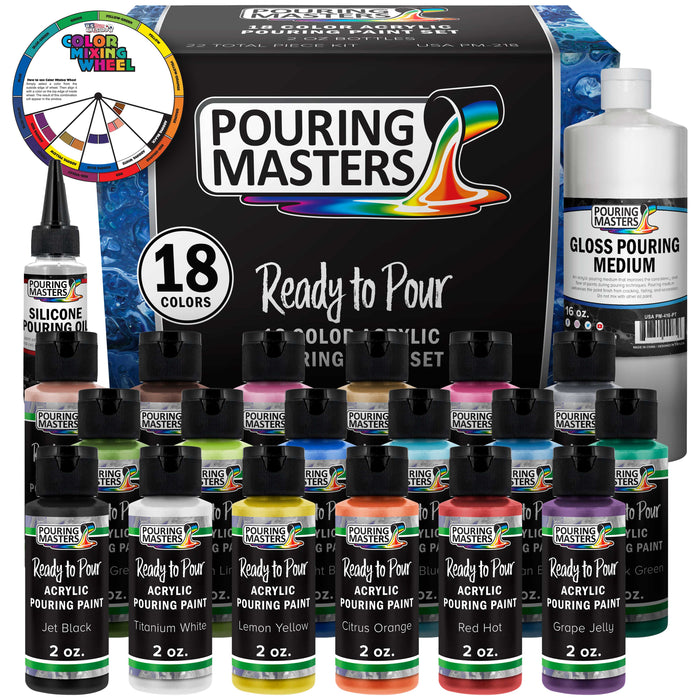 18 Color Ready to Pour Acrylic Pouring Paint Set - Premium Pre-Mixed High Flow 2-Ounce Bottles - for Canvas, Wood, Paper, Crafts, Tile, Rocks and More
