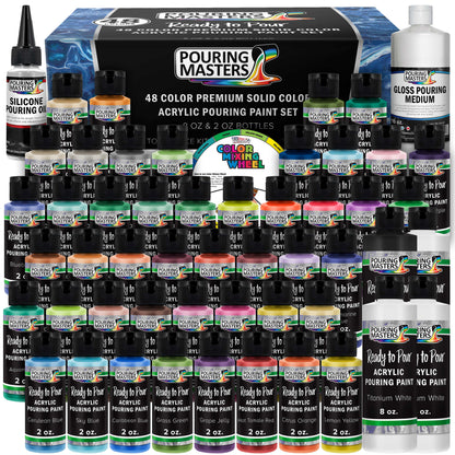 48-Color Ready-to-Pour Acrylic Pouring Paint Set: Premium Pre-Mixed, Silicone Oil & Gloss Medium, 2oz & 8oz Bottles, for Canvas, Wood & Crafts