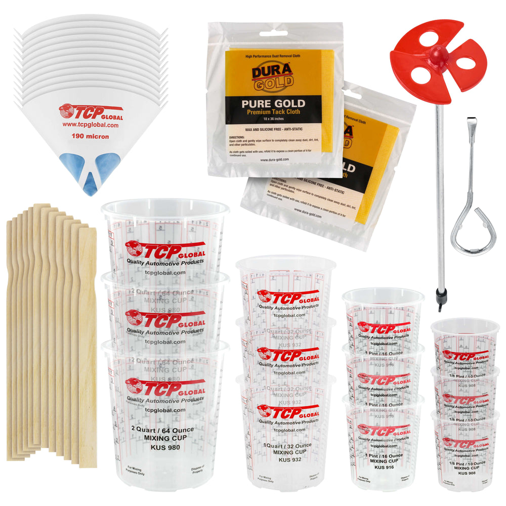 Pouring Masters Paint Mixing Cup Kit - 12 Plastic Paint Cups (3 of Each Size 12, 24, 44, 72 Ounce), Sticks, Strainers, Tack Cloths, Mixer Blade & Can Opener - Epoxy Resin Mixing Cups for Measuring