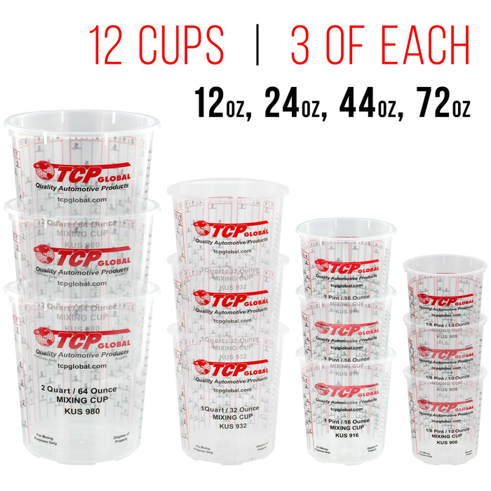Pouring Masters Paint Mixing Cup Kit - 12 Plastic Paint Cups (3 of Each Size 12, 24, 44, 72 Ounce), Sticks, Strainers, Tack Cloths, Mixer Blade & Can Opener - Epoxy Resin Mixing Cups for Measuring
