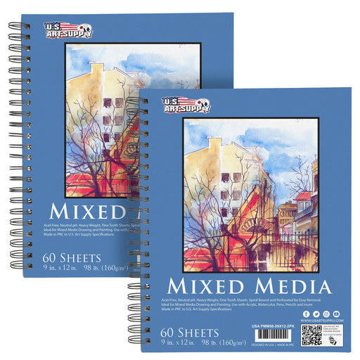 U.S. Art Supply 9" x 12" Mixed Media Paper Pad Sketchbook, 2 Pack, 60 Sheets, 98 lb (160 gsm) - Spiral-Bound, Acid-Free - Artist, Paint, Sketch, Draw