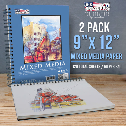 9"x12" Mixed Media Sketchbook, 2 Pack (60 Sheets), 98 lb (160 gsm) - Spiral-Bound Pad with Perforated Acid-Free Paper - Artist Sketch Book For Drawing, Painting, Watercolor