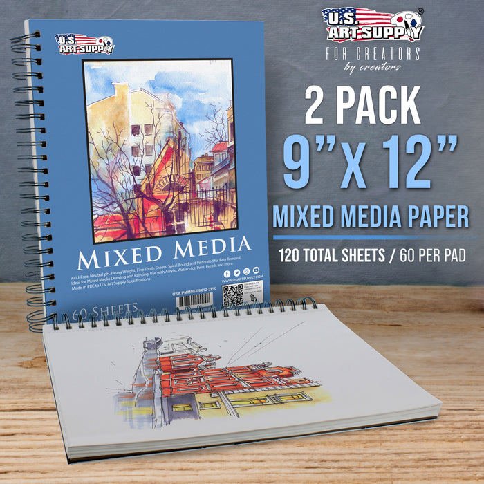 9"x12" Mixed Media Sketchbook, 2 Pack (60 Sheets), 98 lb (160 gsm) - Spiral-Bound Pad with Perforated Acid-Free Paper - Artist Sketch Book For Drawing, Painting, Watercolor