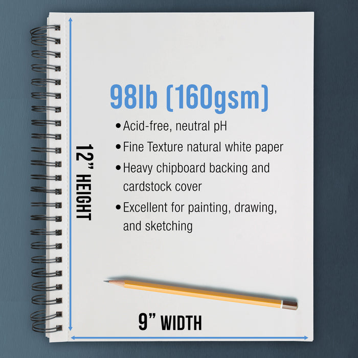 9"x12" Mixed Media Sketchbook, 2 Pack (60 Sheets), 98 lb (160 gsm) - Spiral-Bound Pad with Perforated Acid-Free Paper - Artist Sketch Book For Drawing, Painting, Watercolor
