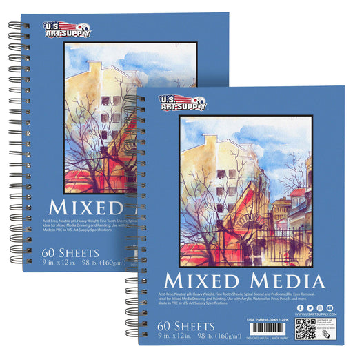 9"x12" Mixed Media Sketchbook, 2 Pack (60 Sheets), 98 lb (160 gsm) - Spiral-Bound Pad with Perforated Acid-Free Paper - Artist Sketch Book For Drawing, Painting, Watercolor