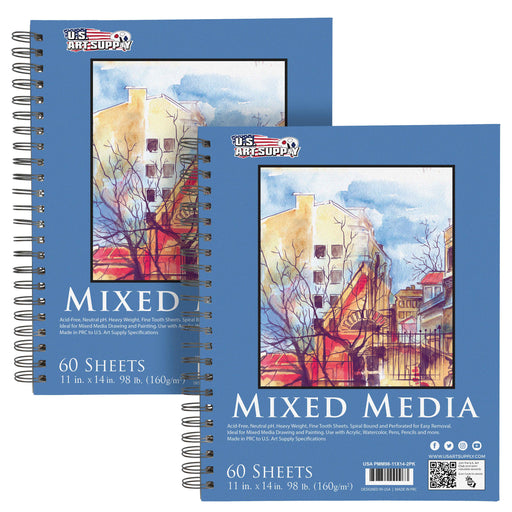 U.S. Art Supply 11" x 14" Mixed Media Paper Pad Sketchbook, 2 Pack, 60 Sheets, 98 lb (160 gsm) - Spiral-Bound, Acid-Free - Artist, Paint, Sketch, Draw