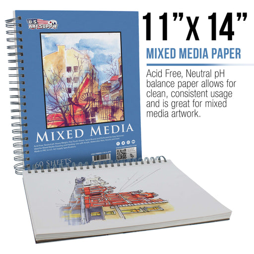 U.S. Art Supply 11" x 14" Mixed Media Paper Pad Sketchbook, 2 Pack, 60 Sheets, 98 lb (160 gsm) - Spiral-Bound, Acid-Free - Artist, Paint, Sketch, Draw