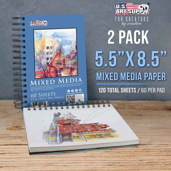 5.5"x8.5" Mixed Media Sketchbook, 2 Pack (60 Sheets), 98 lb (160 gsm) - Spiral-Bound Pad with Perforated Acid-Free Paper - Artist Sketch Book For Drawing, Painting, Watercolor