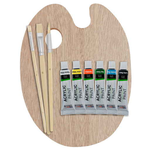 U.S. Art Supply Artist Painting Set with 6 Vivid Acrylic Paint Colors, Wood Painting Palette, 3 Brushes - Fun Kids, Students, Beginners Starters Kit