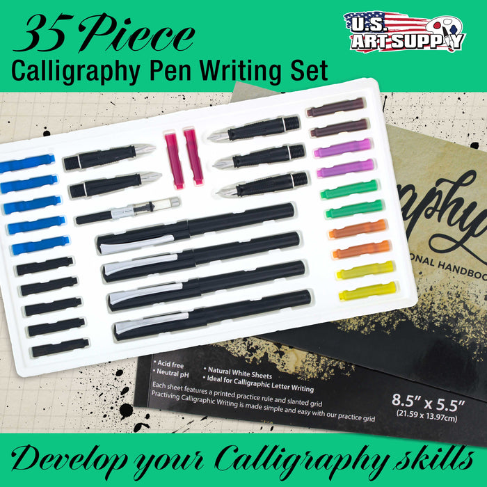 U.S. Art Supply 35-Piece Calligraphy Pen Writing Set - 4 Calligraphy Pens, 5 Size Styles of Pen Nibs, 22 Ink Cartridges, Practice Paper Pad - Students