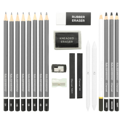 20-Piece Professional High-Quality Artist Sketch Set in Hard Storage Case, Sketch & Charcoal Pencils, Pastel, Stumps, Eraser Sharpeners, 2 Sketch Pads