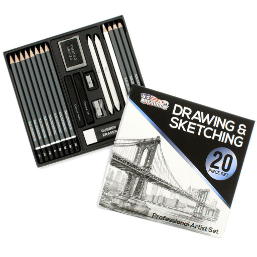 20 Piece Professional Hi-Quality Artist Sketch Set in Hard Storage Case - Sketch & Charcoal Pencils, Pastel, Stumps, Eraser, Sharpeners