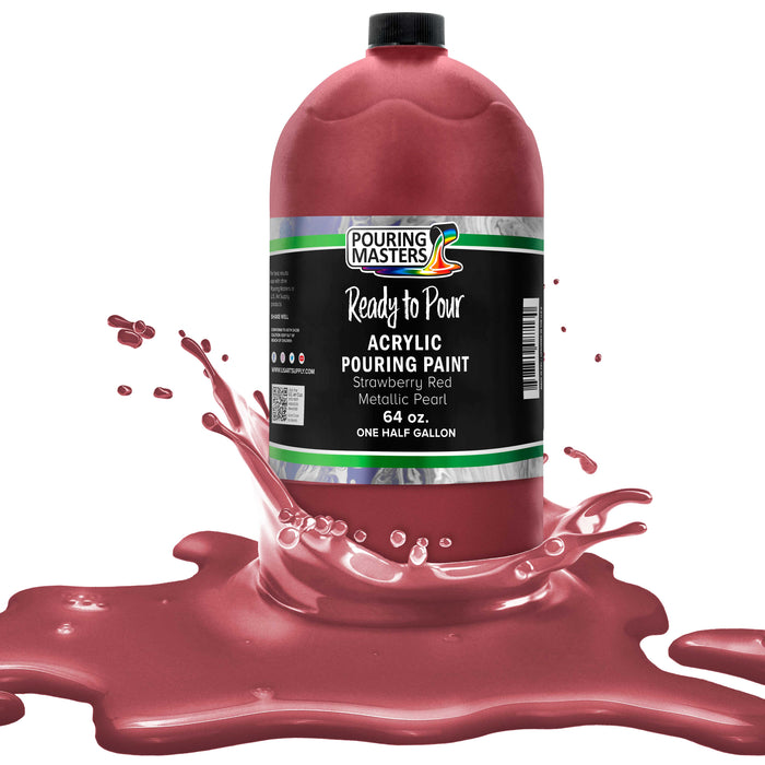 Strawberry Red Metallic Pearl Acrylic Ready to Pour Pouring Paint - Premium 64-Ounce Pre-Mixed Water-Based - Painting Canvas, Wood, Crafts, Tile