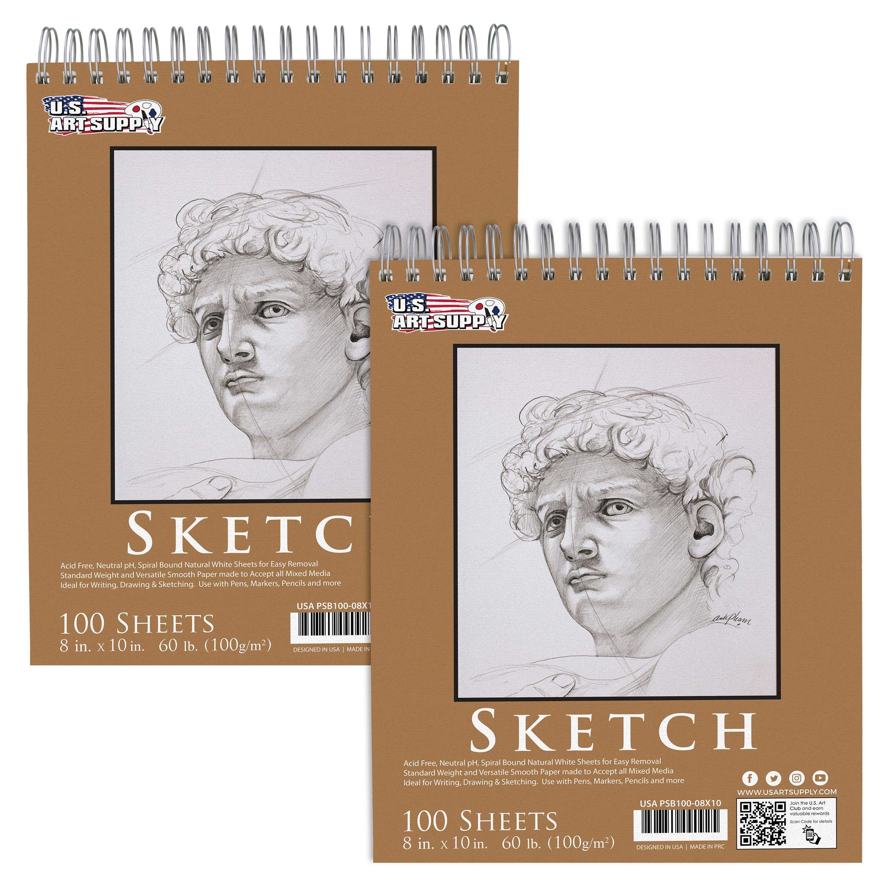 US Art Supply 11 x 14 Top Spiral Bound Sketch Book Pad, Pack of 2, 30  Sheets Each, 90lb (160gsm) - Acid-Free Heavyweight Paper, Artist Sketching