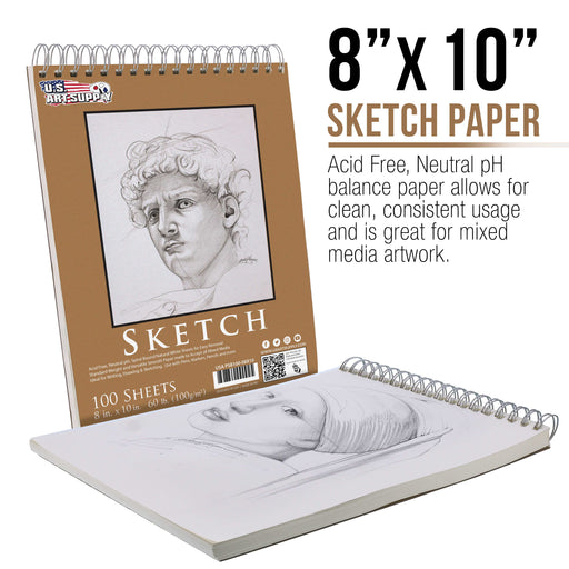 8" x 10" Premium Spiral Bound Sketch Pad, Pad of 100-Sheets, 60 Pound (100gsm) (Pack of 2 Pads)