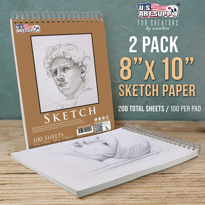 8"x10" Top Spiral Bound Sketch Book, 2 Pack, 100 Sheets Each, 60lb (100gsm), Acid-Free, Artist Sketchbook, Drawing Pad for Adults & Students