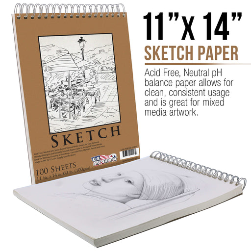 11" x 14" Premium Spiral Bound Sketch Pad, Pad of 100-Sheets, 60 Pound (100gsm) (Pack of 2 Pads)